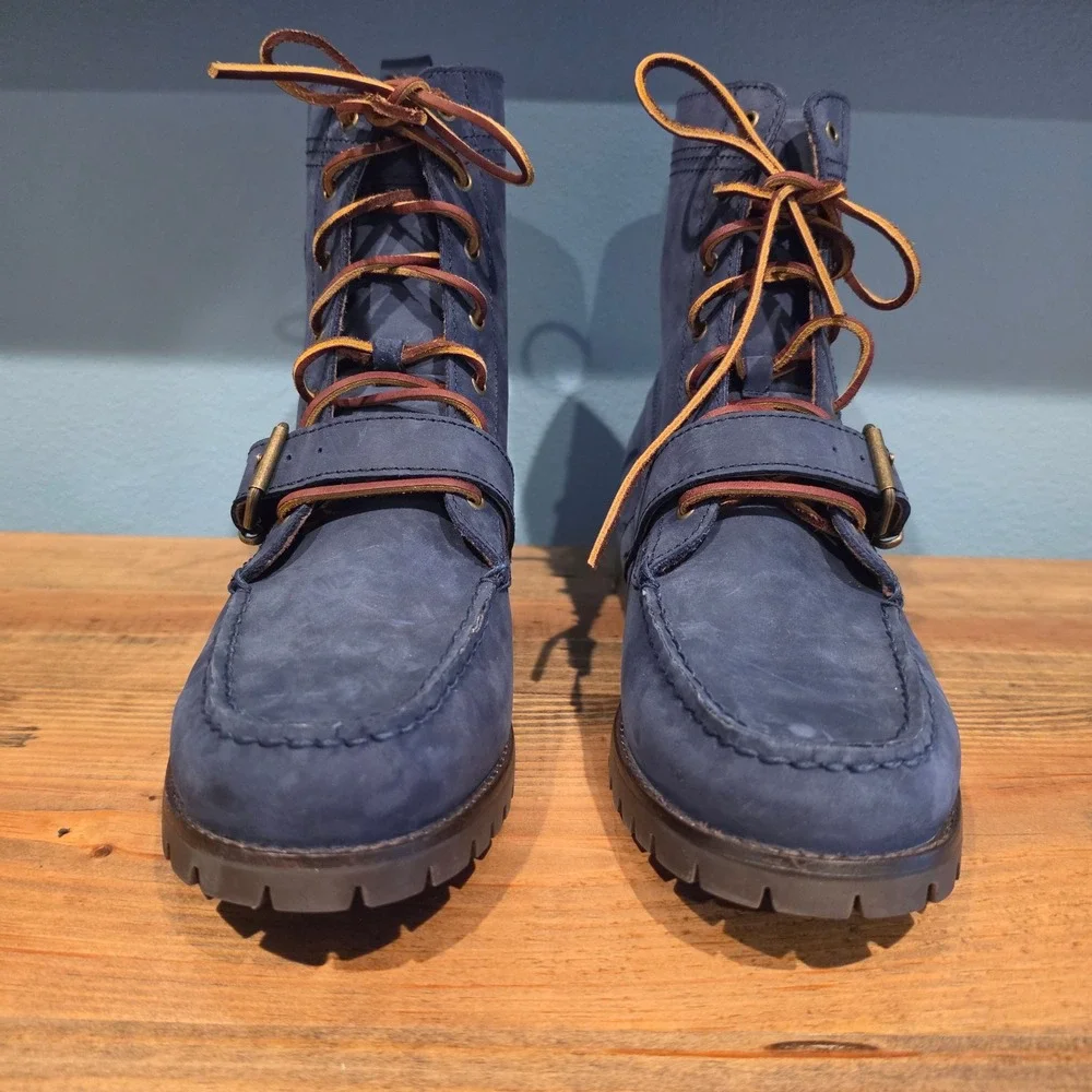 Polo Ralph Lauren Mens Ranger Boots Navy Blue Nubuck Leather Buckle Strap 9.5